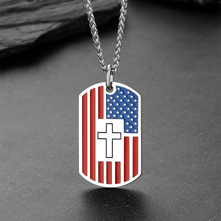 Engraved American Flag Cross Dog Tag Necklace for Men Women