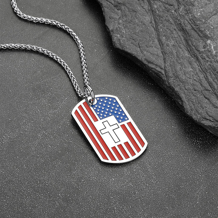 Engraved American Flag Cross Dog Tag Necklace for Men Women