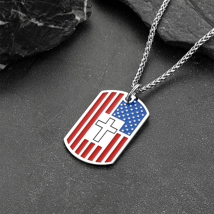 Engraved American Flag Cross Dog Tag Necklace for Men Women
