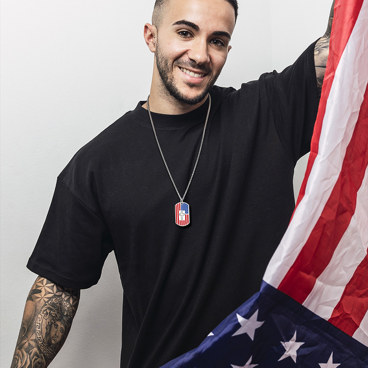 Engraved American Flag Cross Dog Tag Necklace for Men Women