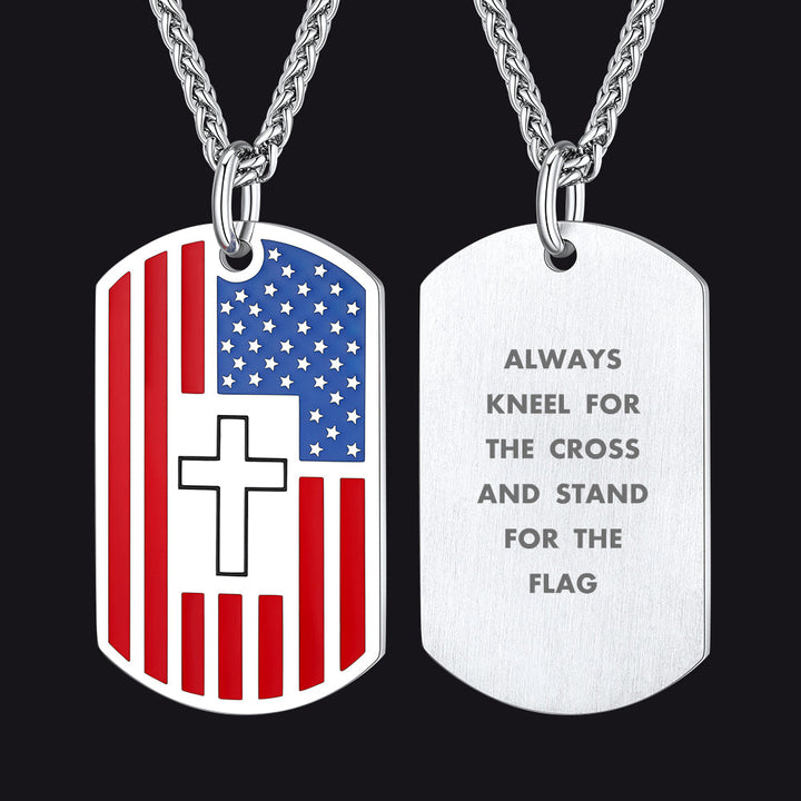 Engraved American Flag Cross Dog Tag Necklace for Men Women