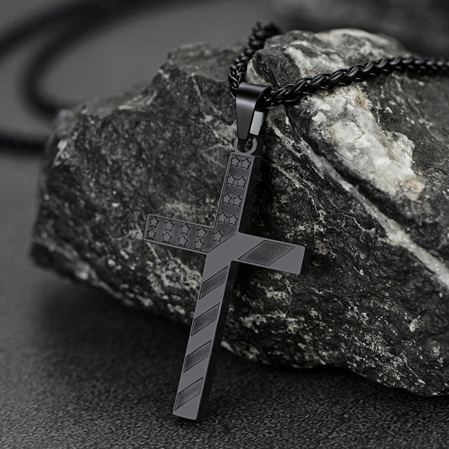 Cuban Chain & American Flag Cross Layered Necklaces Set for Men