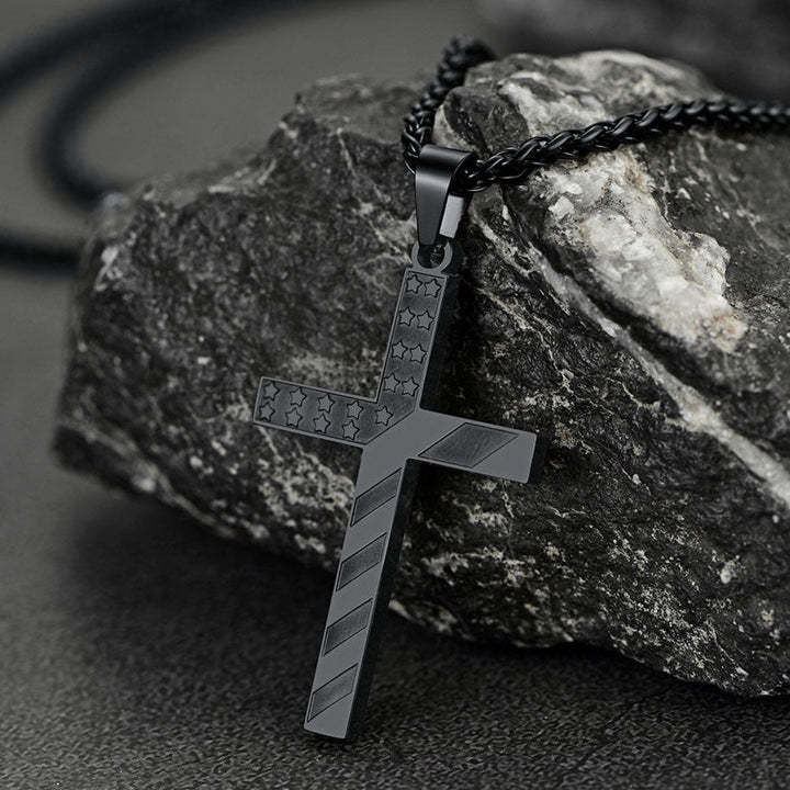Cuban Chain & American Flag Cross Layered Necklaces Set for Men