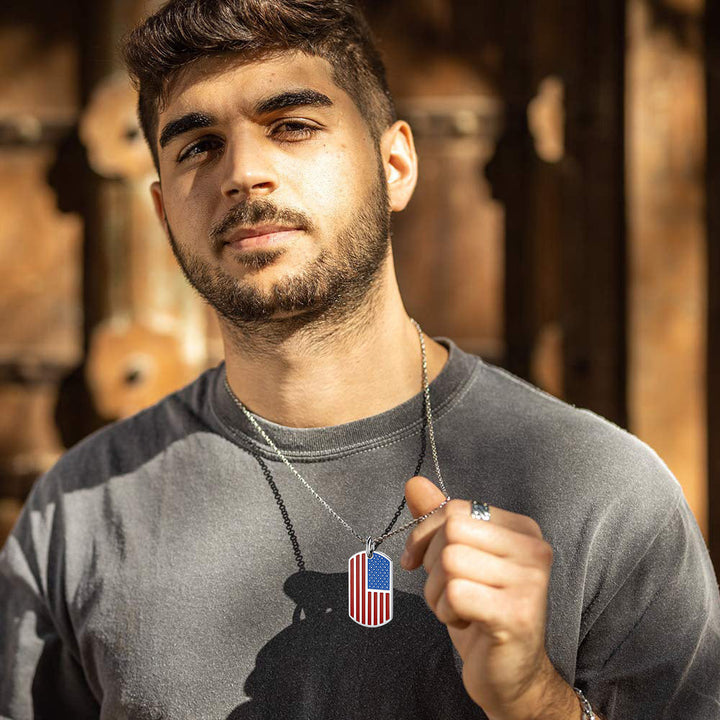 Engraved American Flag Dog Tag Necklace for Men