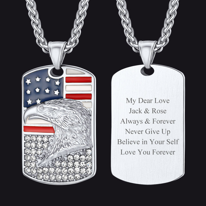 Engraved American Flag Eagle Dog Tag Necklace for Men Women
