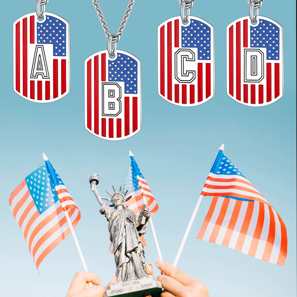Patriotic American Flag Letter Initial Dog Tag Necklace 4th of July Pendant for Men Women