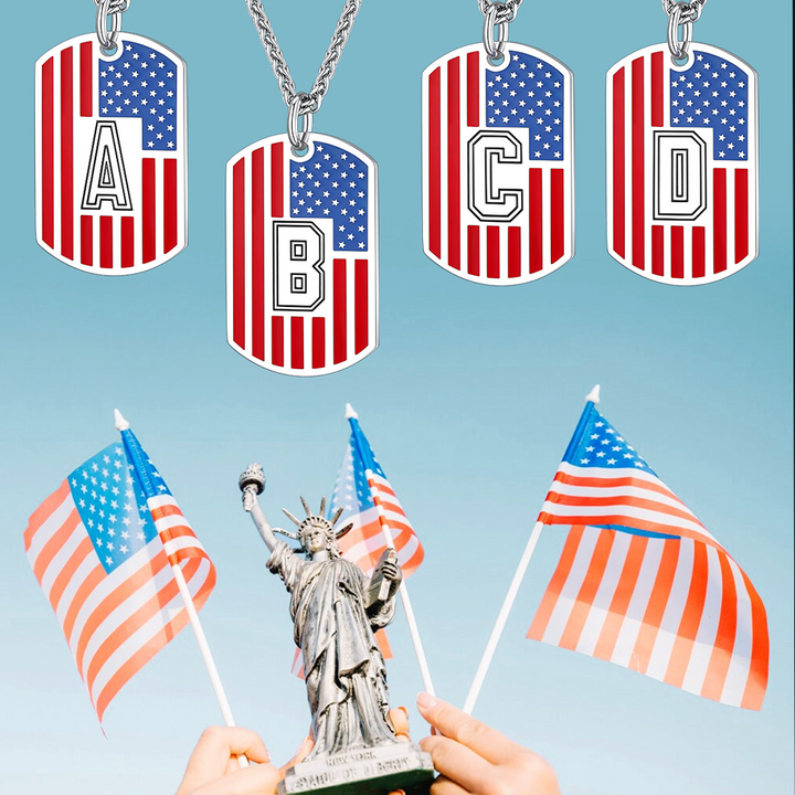Patriotic American Flag Letter Initial Dog Tag Necklace 4th of July Pendant for Men Women