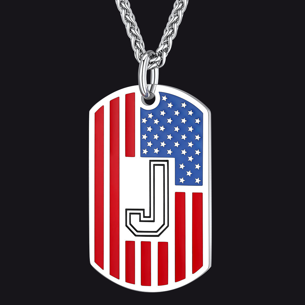 Patriotic American Flag Letter Initial Dog Tag Necklace 4th of July Pendant for Men Women