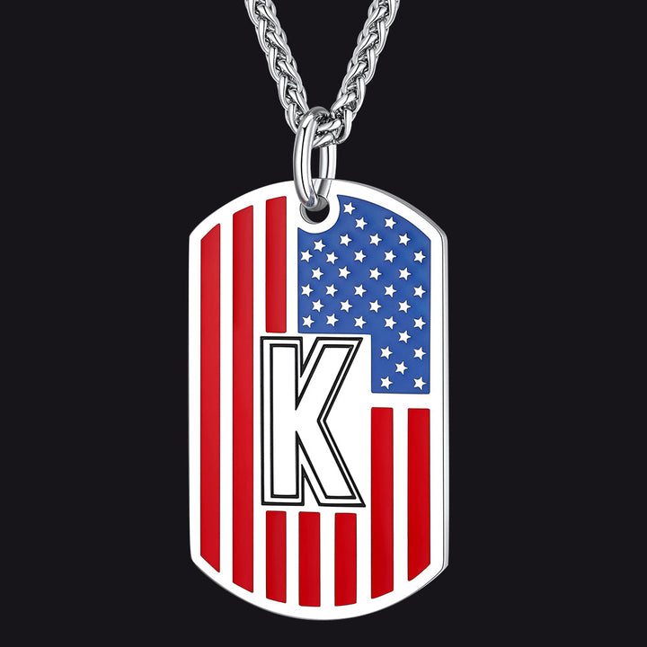 Patriotic American Flag Letter Initial Dog Tag Necklace 4th of July Pendant for Men Women