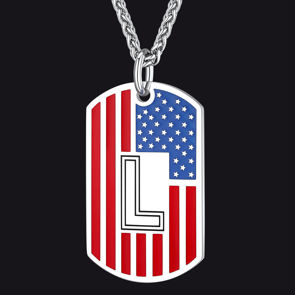 Patriotic American Flag Letter Initial Dog Tag Necklace 4th of July Pendant for Men Women