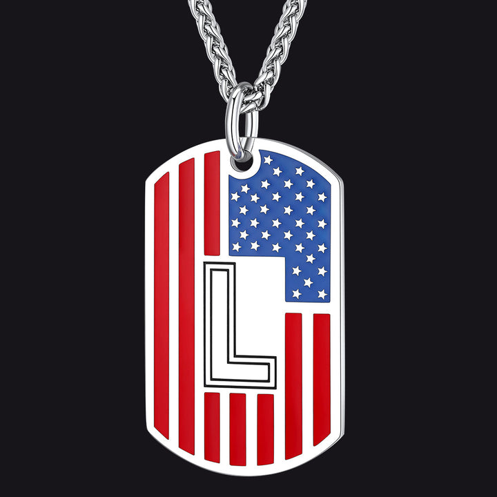 Patriotic American Flag Letter Initial Dog Tag Necklace 4th of July Pendant for Men Women