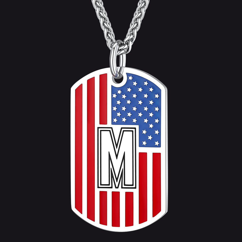 Patriotic American Flag Letter Initial Dog Tag Necklace 4th of July Pendant for Men Women