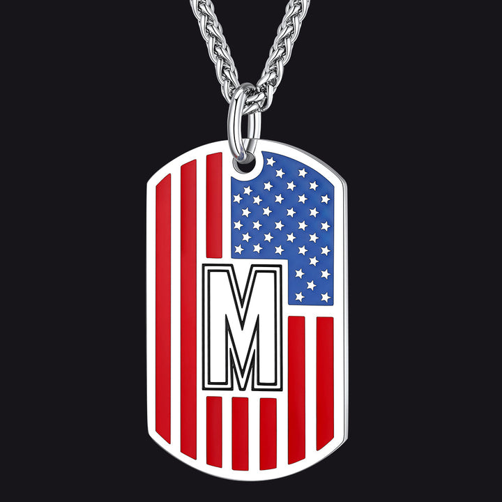 Patriotic American Flag Letter Initial Dog Tag Necklace 4th of July Pendant for Men Women