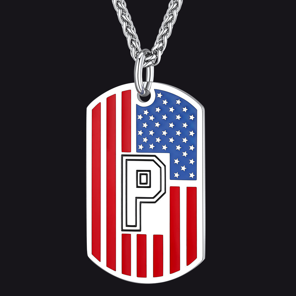 Patriotic American Flag Letter Initial Dog Tag Necklace 4th of July Pendant for Men Women