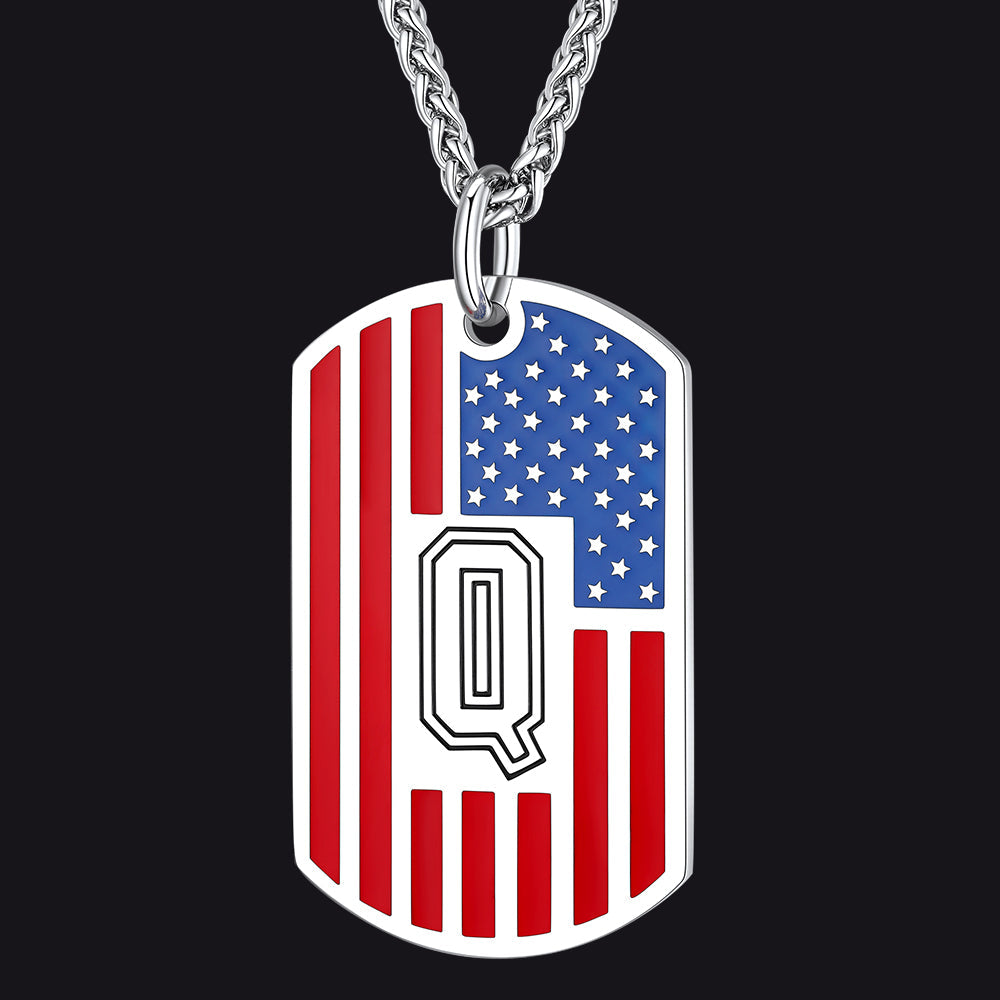 Patriotic American Flag Letter Initial Dog Tag Necklace 4th of July Pendant for Men Women