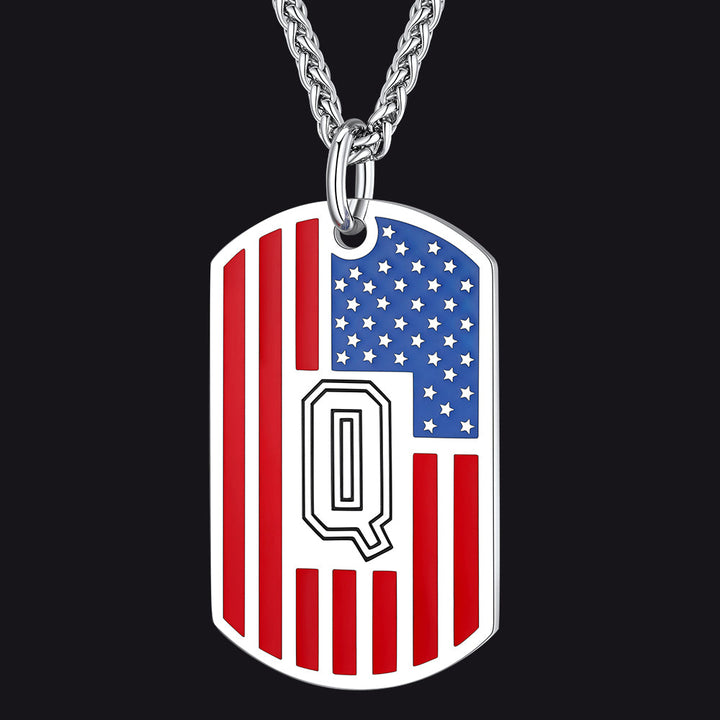 Patriotic American Flag Letter Initial Dog Tag Necklace 4th of July Pendant for Men Women