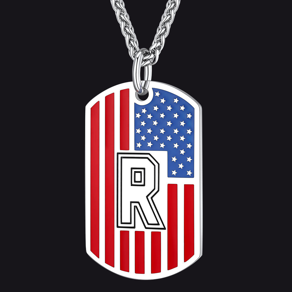 Patriotic American Flag Letter Initial Dog Tag Necklace 4th of July Pendant for Men Women