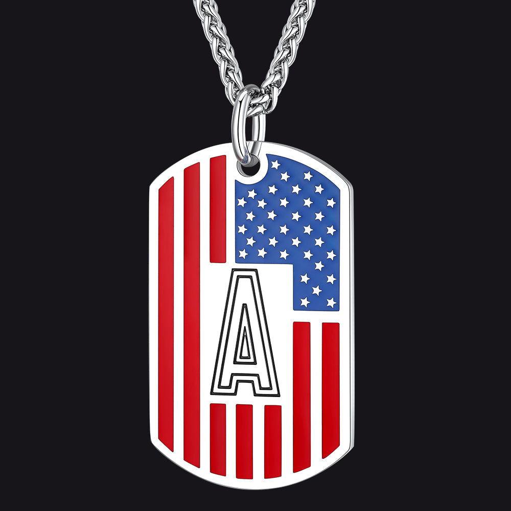 Patriotic American Flag Letter Initial Dog Tag Necklace 4th of July Pendant for Men Women