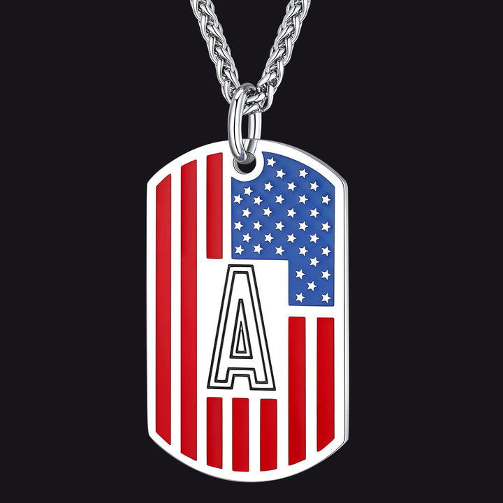 Patriotic American Flag Letter Initial Dog Tag Necklace 4th of July Pendant for Men Women