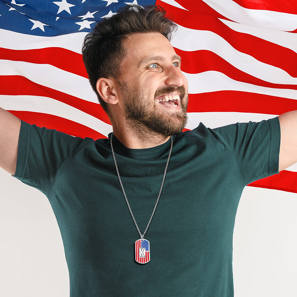 Patriotic American Flag Letter Initial Dog Tag Necklace 4th of July Pendant for Men Women