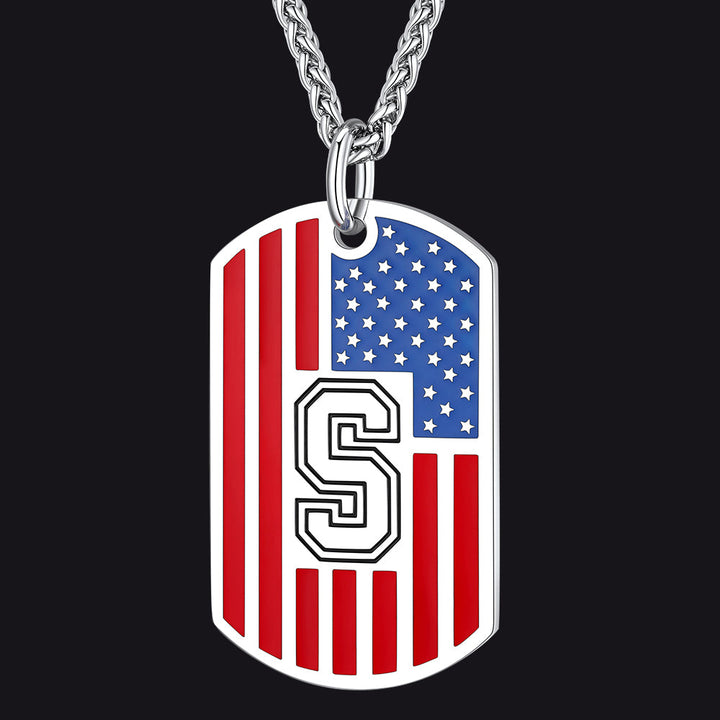 Patriotic American Flag Letter Initial Dog Tag Necklace 4th of July Pendant for Men Women