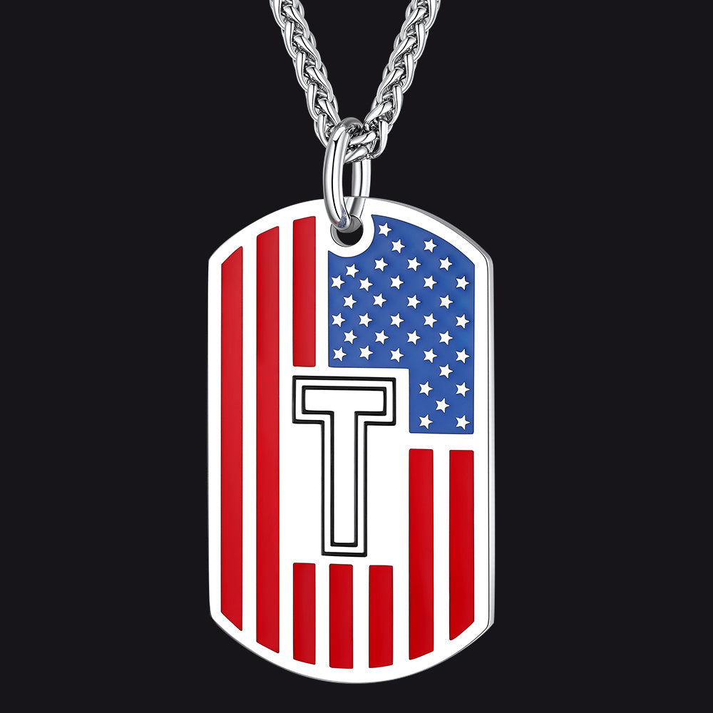 Patriotic American Flag Letter Initial Dog Tag Necklace 4th of July Pendant for Men Women