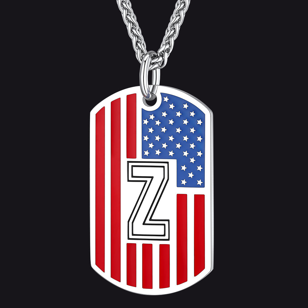 Patriotic American Flag Letter Initial Dog Tag Necklace 4th of July Pendant for Men Women