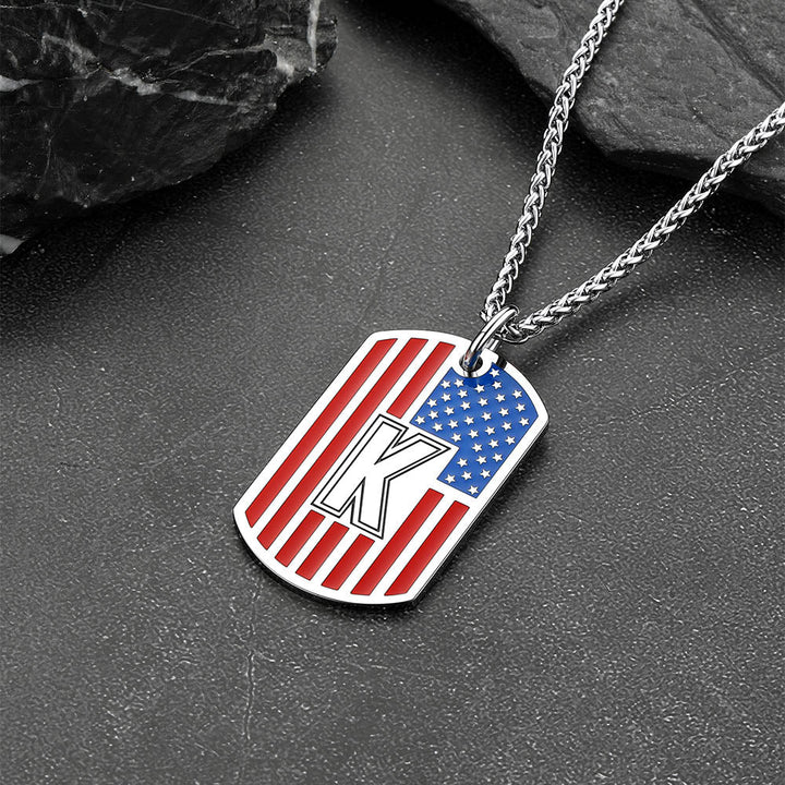 Patriotic American Flag Letter Initial Dog Tag Necklace 4th of July Pendant for Men Women
