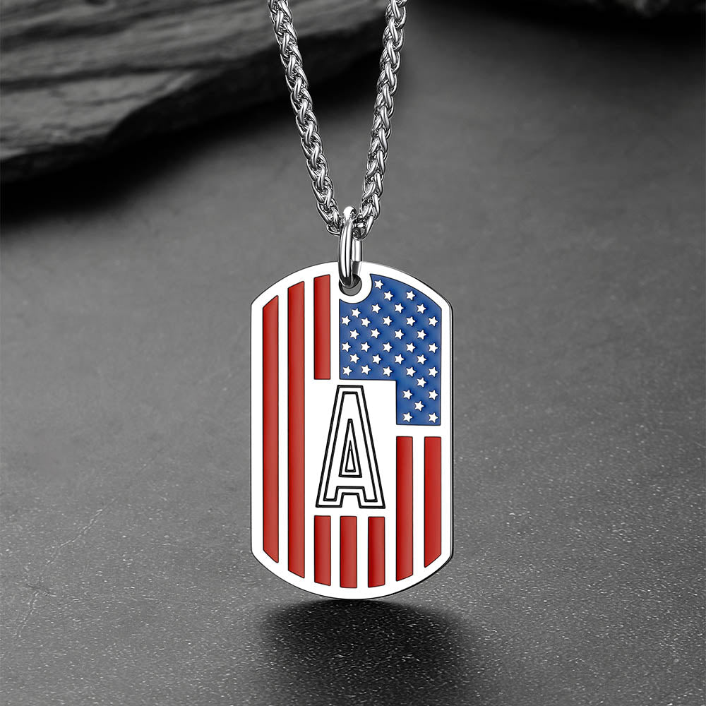 Patriotic American Flag Letter Initial Dog Tag Necklace 4th of July Pendant for Men Women