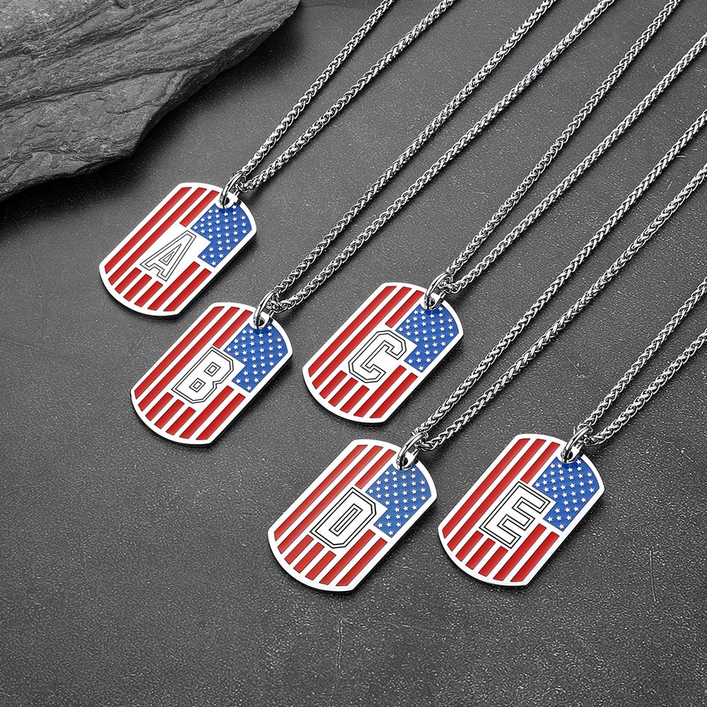 Patriotic American Flag Letter Initial Dog Tag Necklace 4th of July Pendant for Men Women