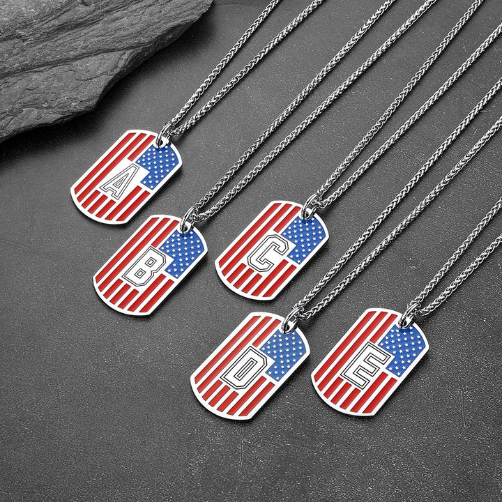 Patriotic American Flag Letter Initial Dog Tag Necklace 4th of July Pendant for Men Women