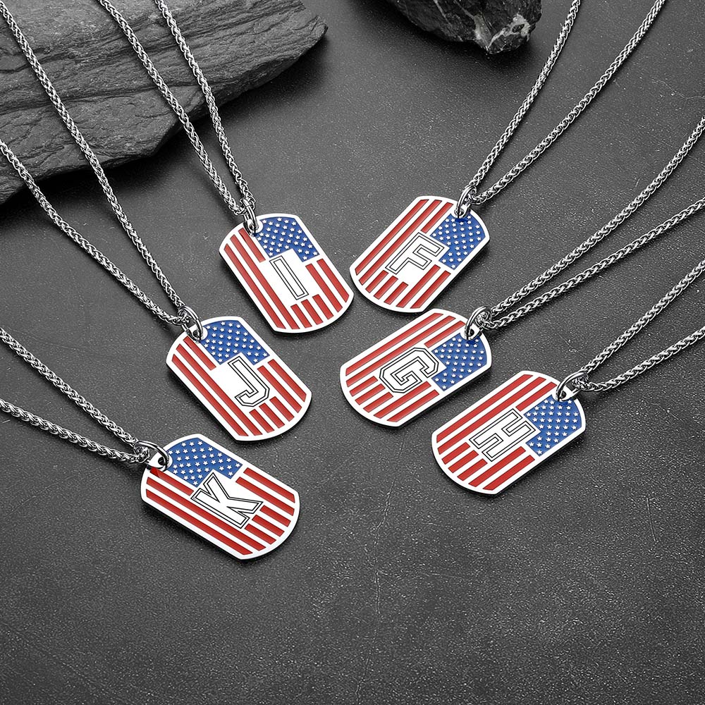 Patriotic American Flag Letter Initial Dog Tag Necklace 4th of July Pendant for Men Women