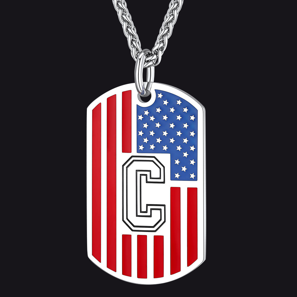 Patriotic American Flag Letter Initial Dog Tag Necklace 4th of July Pendant for Men Women
