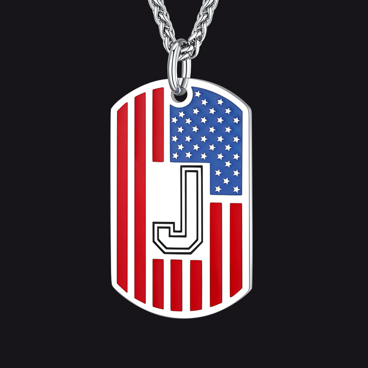 Patriotic American Flag Letter Initial Dog Tag Necklace 4th of July Pendant for Men Women