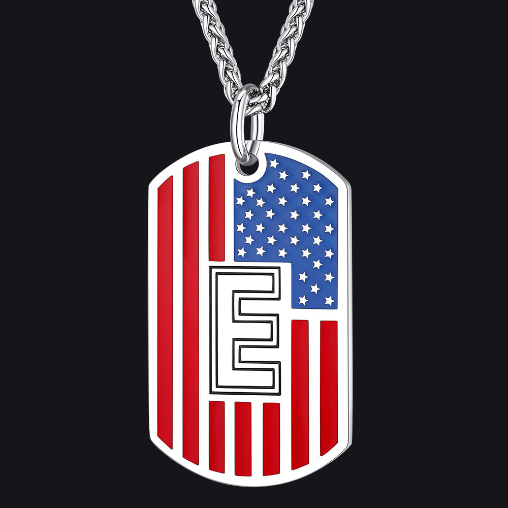 Patriotic American Flag Letter Initial Dog Tag Necklace 4th of July Pendant for Men Women