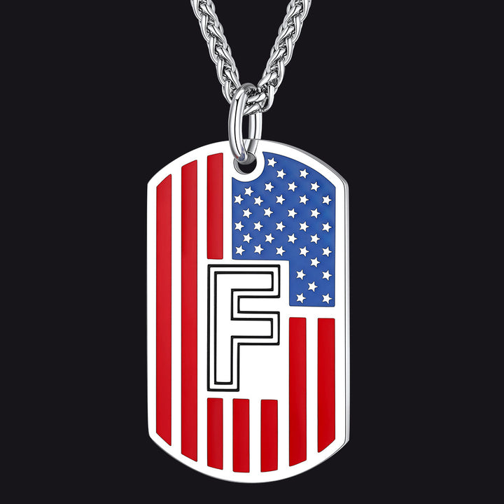 Patriotic American Flag Letter Initial Dog Tag Necklace 4th of July Pendant for Men Women