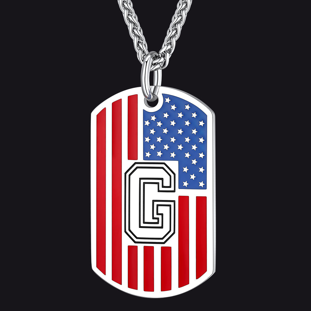 Patriotic American Flag Letter Initial Dog Tag Necklace 4th of July Pendant for Men Women