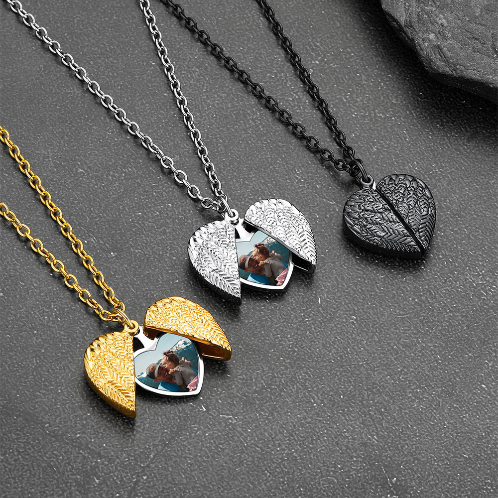 Custom Angel Wings Photo Locket Necklace for Women