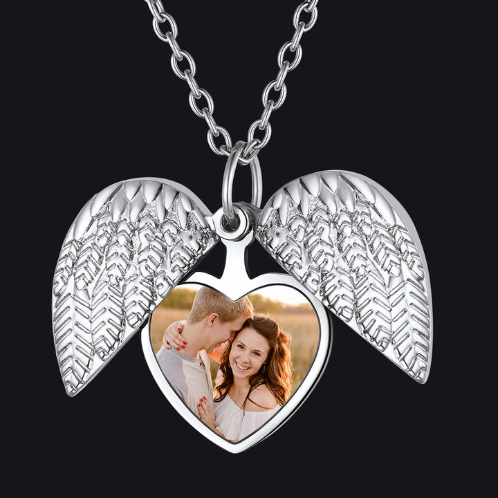 Custom Angel Wings Photo Locket Necklace for Women