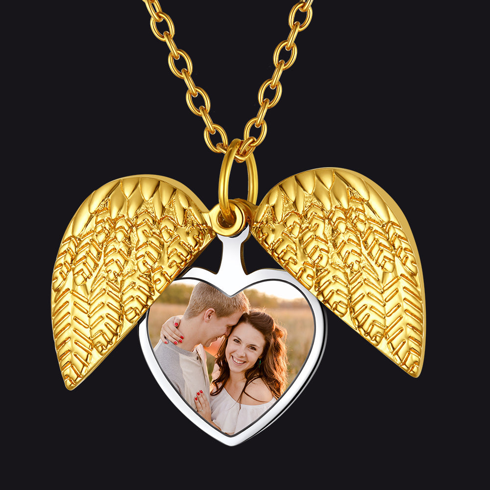 Custom Angel Wings Photo Locket Necklace for Women