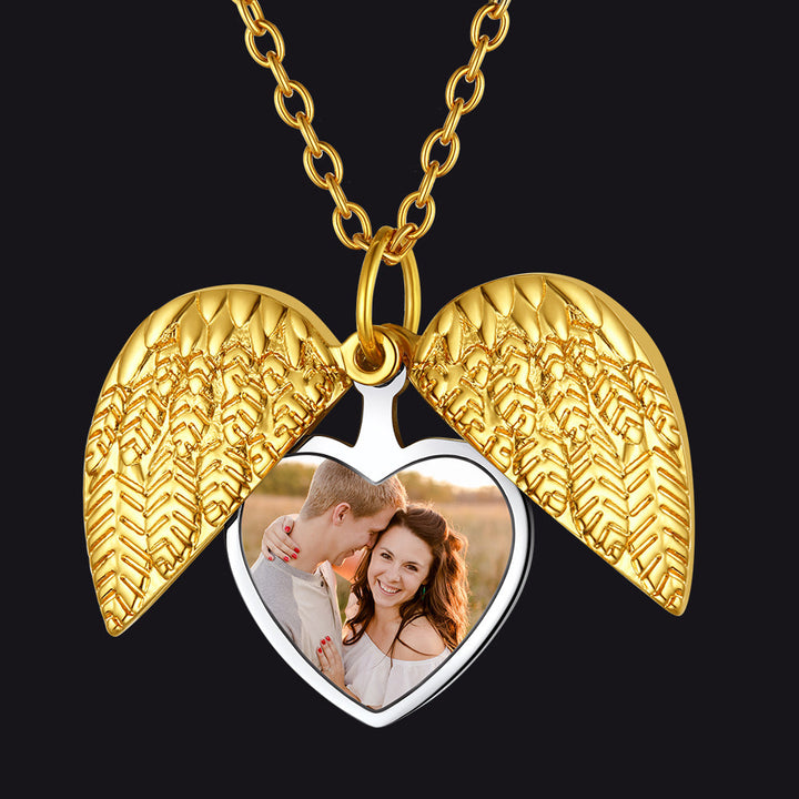 Custom Angel Wings Photo Locket Necklace for Women