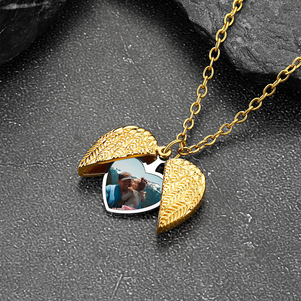Custom Angel Wings Photo Locket Necklace for Women