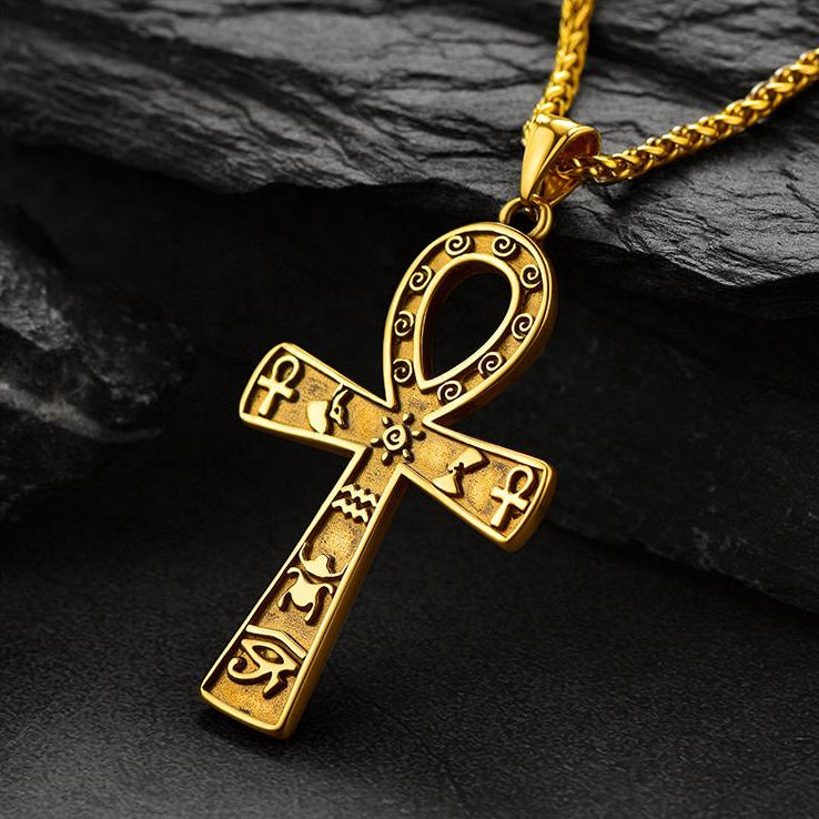 Egyptian Ankh Cross Necklace Pendant With Hieroglyphic For Men