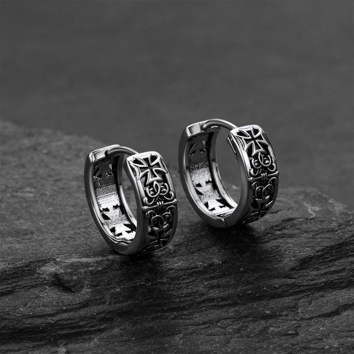 Antique-Finish Iron Cross Motif Hoop Earrings for Men Husband Gift