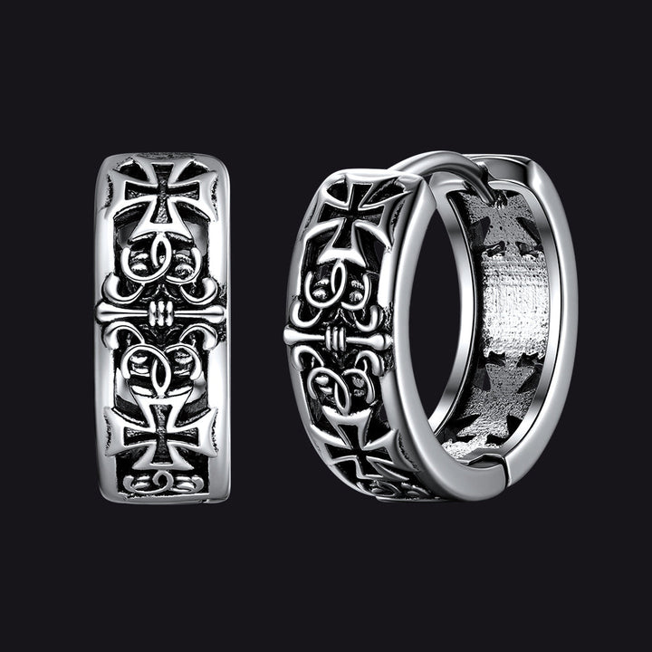 Antique-Finish Iron Cross Motif Hoop Earrings for Men Husband Gift