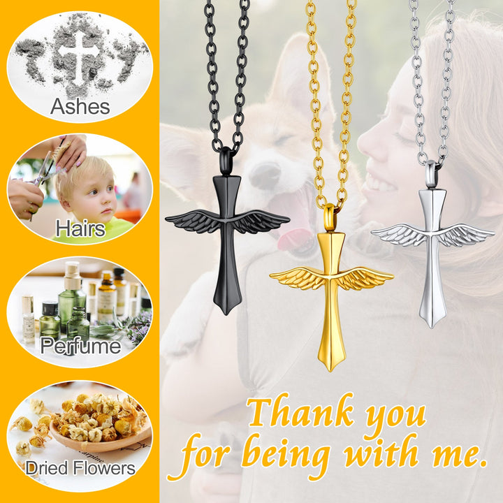 Custom Cremation Wings Cross Urn Ashes Pendant Necklace for Men Women