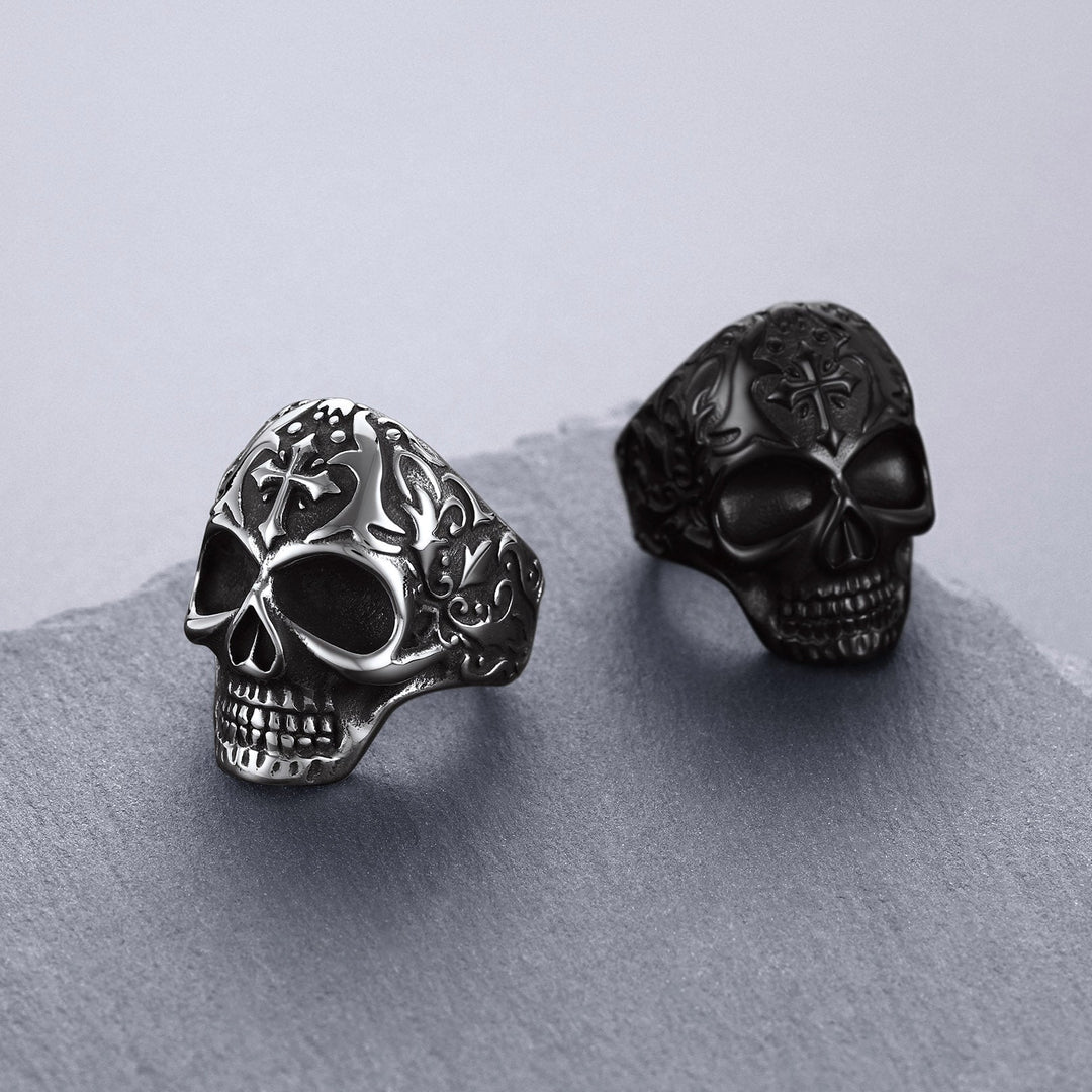Gothic Punk Cross Sugar Skull Stainless Steel Ring for Men