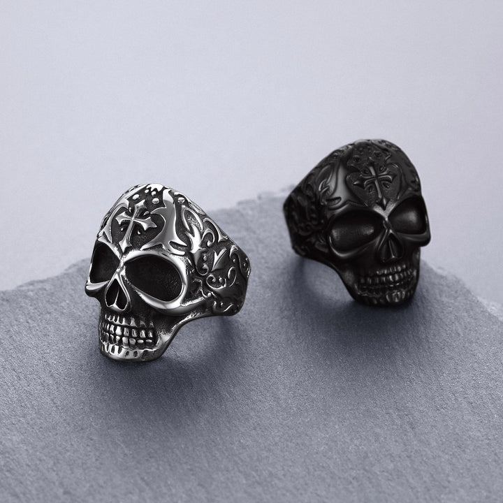 Gothic Punk Cross Sugar Skull Stainless Steel Ring for Men