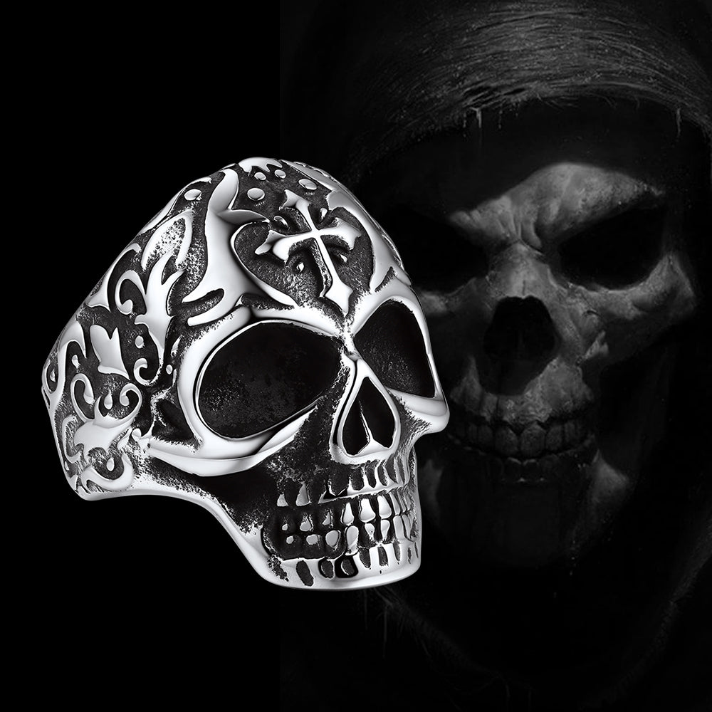 Gothic Punk Cross Sugar Skull Stainless Steel Ring for Men