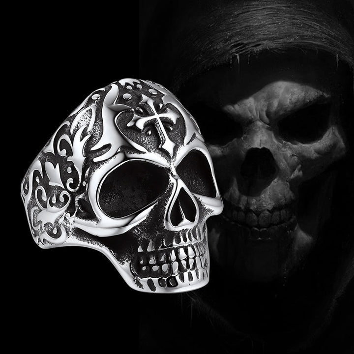 Gothic Punk Cross Sugar Skull Stainless Steel Ring for Men